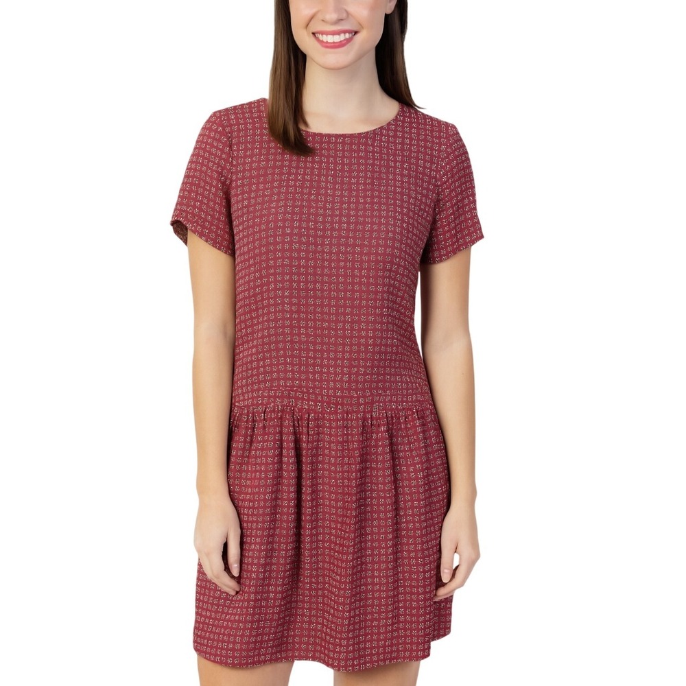 Madewell Geometric Print Mini Dress Red Silk Blend Short‎ Sleeve Side Pockets 2
